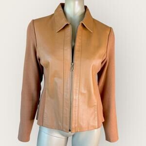 Stonebridge Vintage Leather Zip Up Jacket Knit Sweater Sleeve Women Size M Brown
